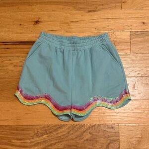 QUEEN OF SPARKLES Blue Shorts with Rainbow Sequin Trim